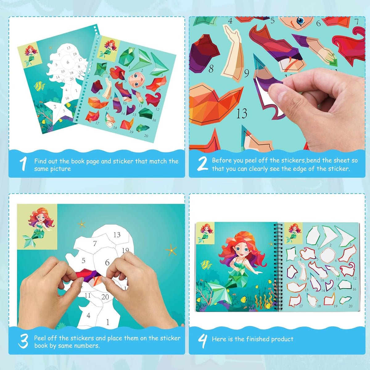 homicozy 4PCS Sticker Paint Books for Kids Ages 4-10,Unicorn Mermaid Animals Designs Paint by