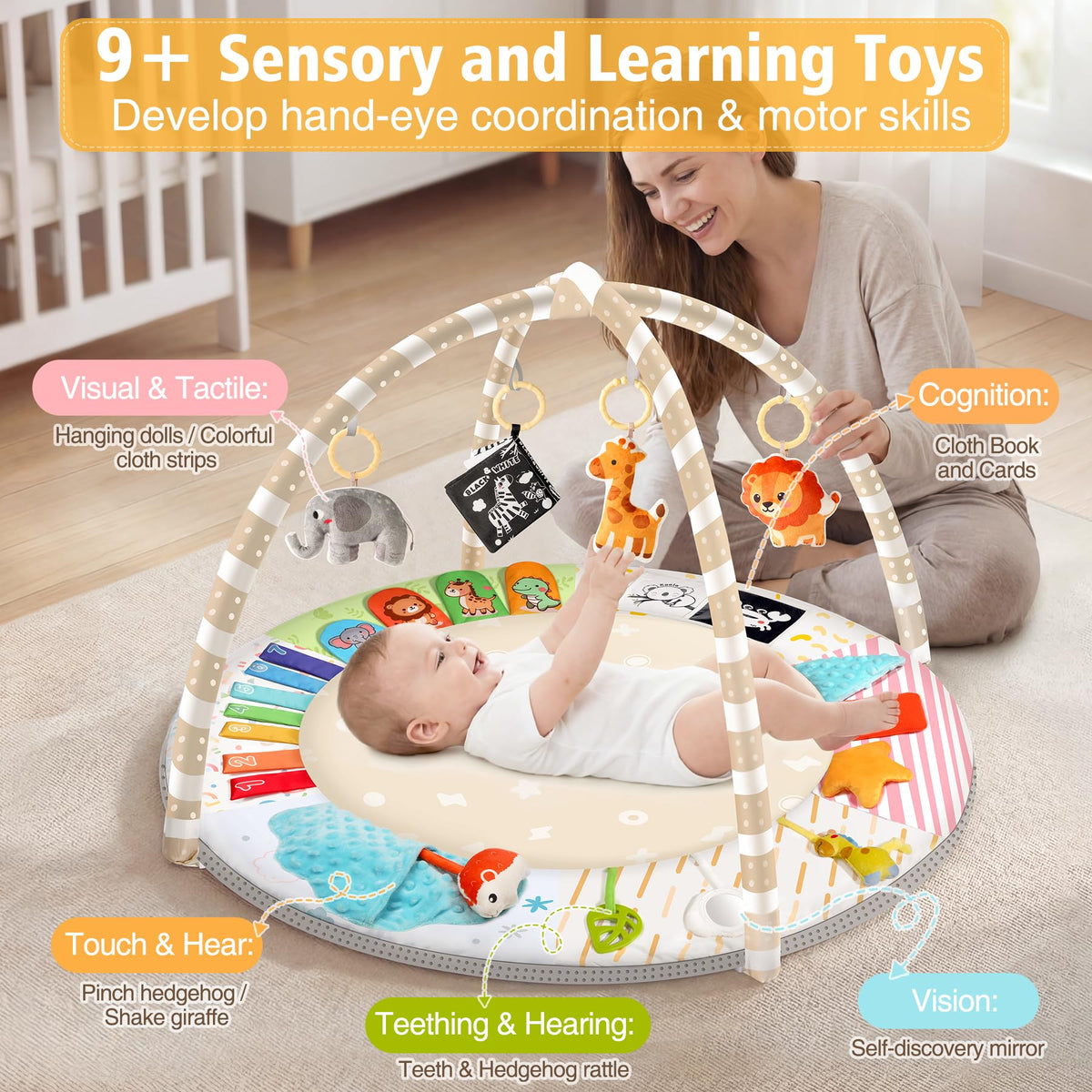 URMYWO Baby Play Gym Mat Tummy Time Mat with 5 Sensory Toys for 0-18 Months