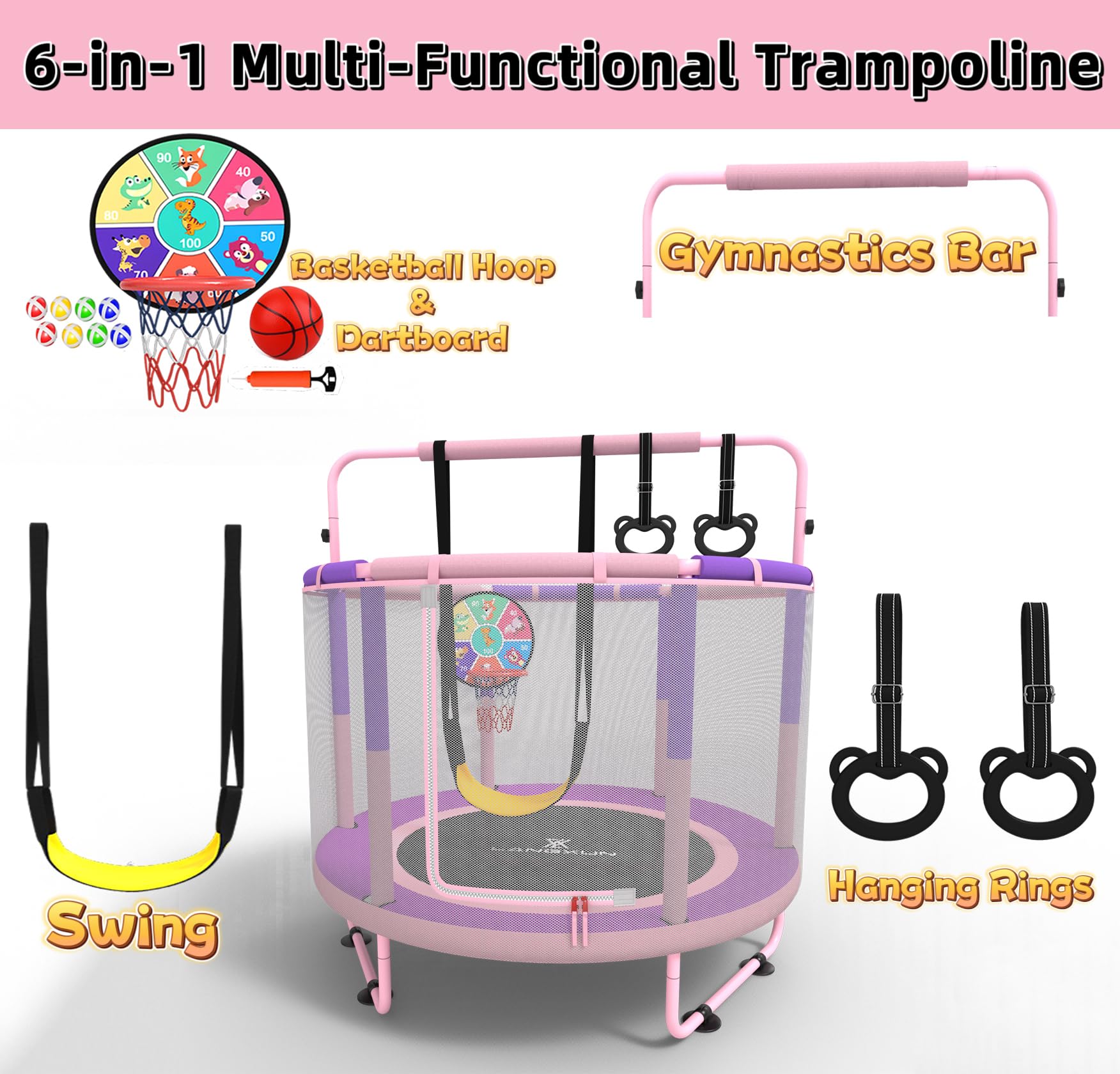60" 6-in-1 Kids Trampoline, 5ft Mini Toddler Trampoline for Girls Boys