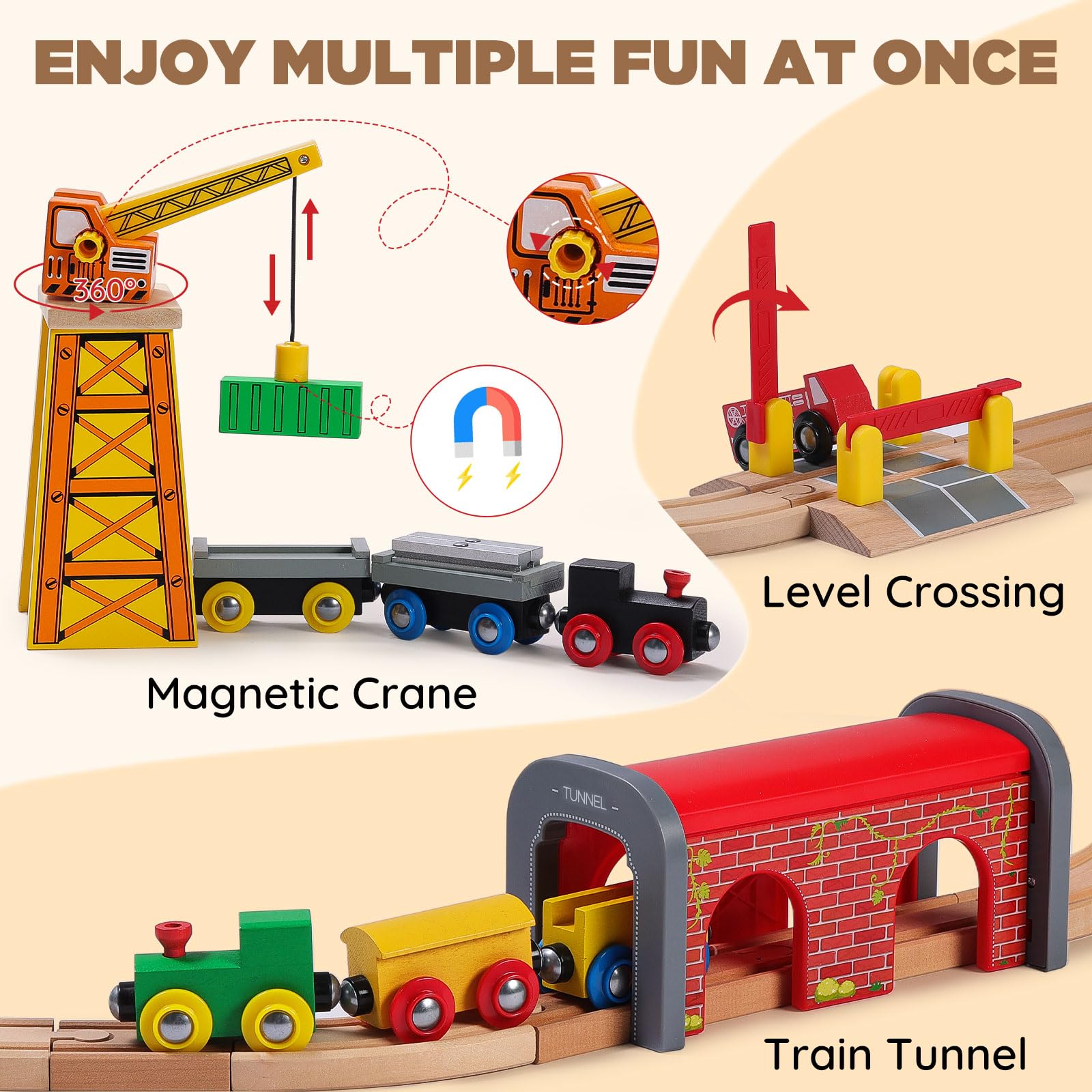 SainSmart Jr. 112-Piece Wooden Train Set for Toddler – Double-Sided Train Tracks, Compatible with