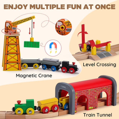 SainSmart Jr. 112-Piece Wooden Train Set for Toddler – Double-Sided Train Tracks, Compatible with