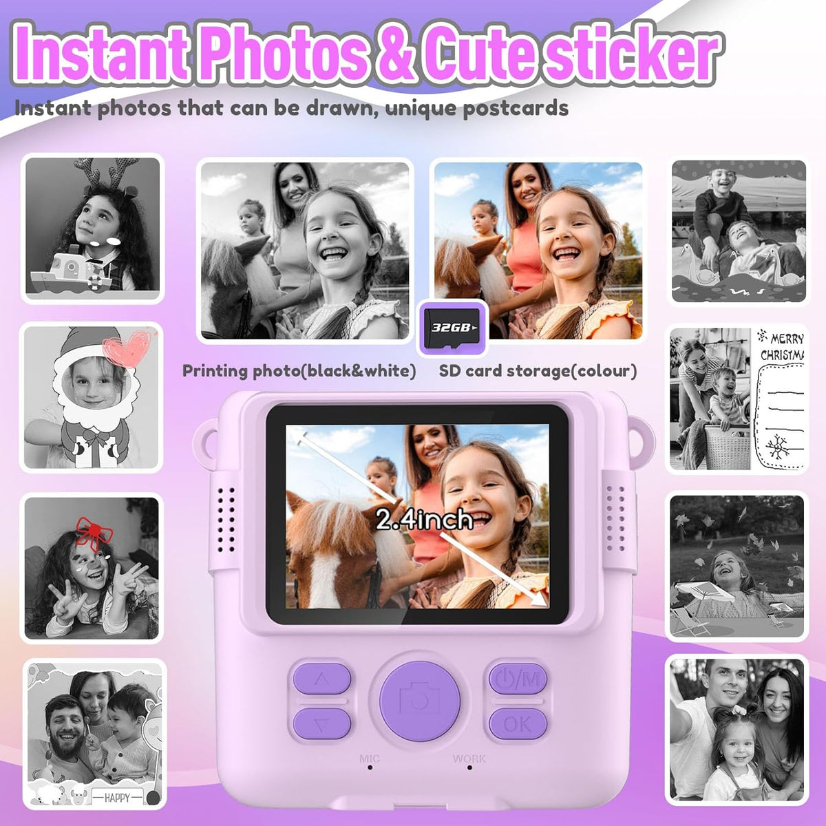 Instant Print Camera for Kids, Christmas Birthday Gifts for Girls Boys, HD Digital Video Cameras