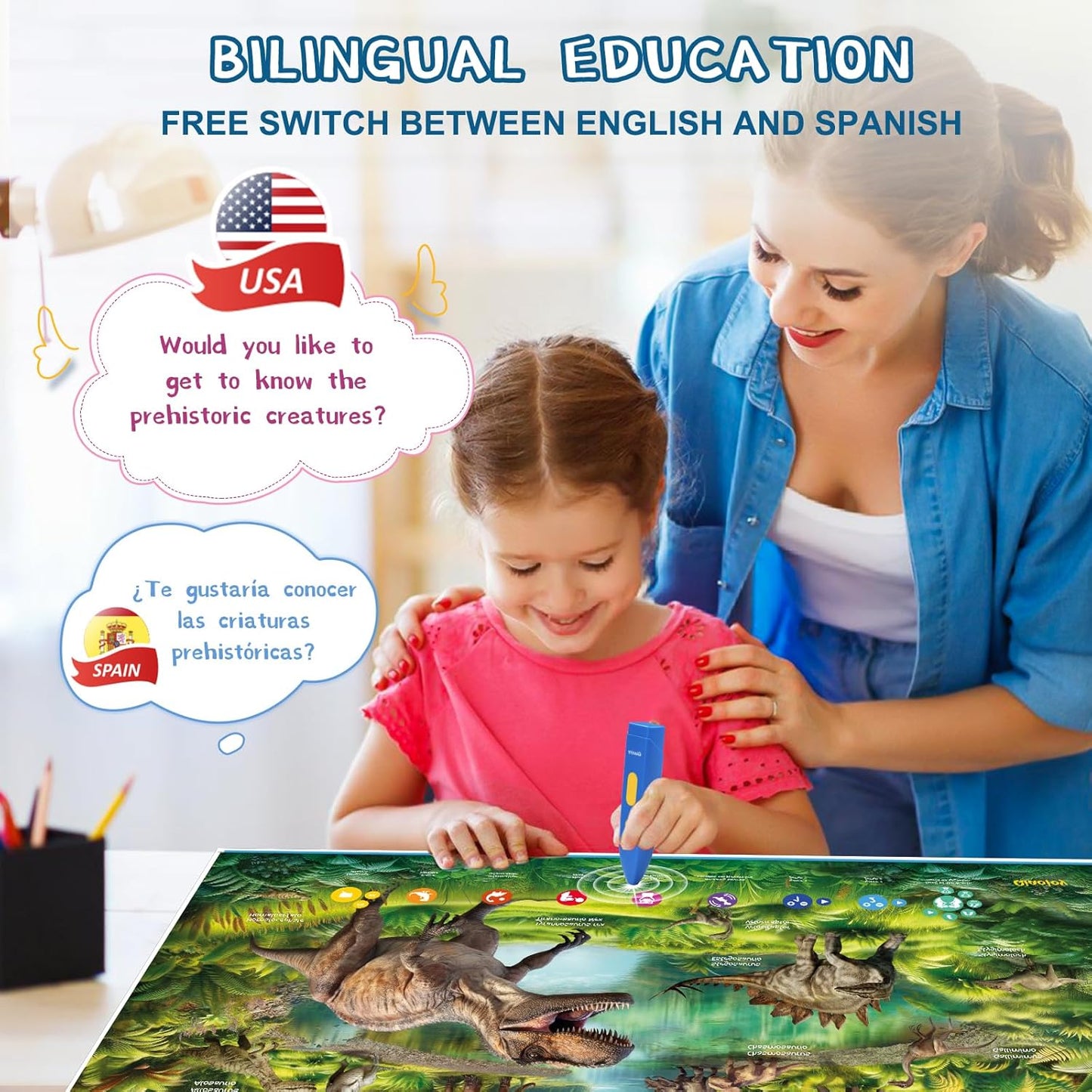 Interactive Dinosaur Toys Learning Poster, Dinosaur Talking Poster, Bilingual Dinosaur Talking