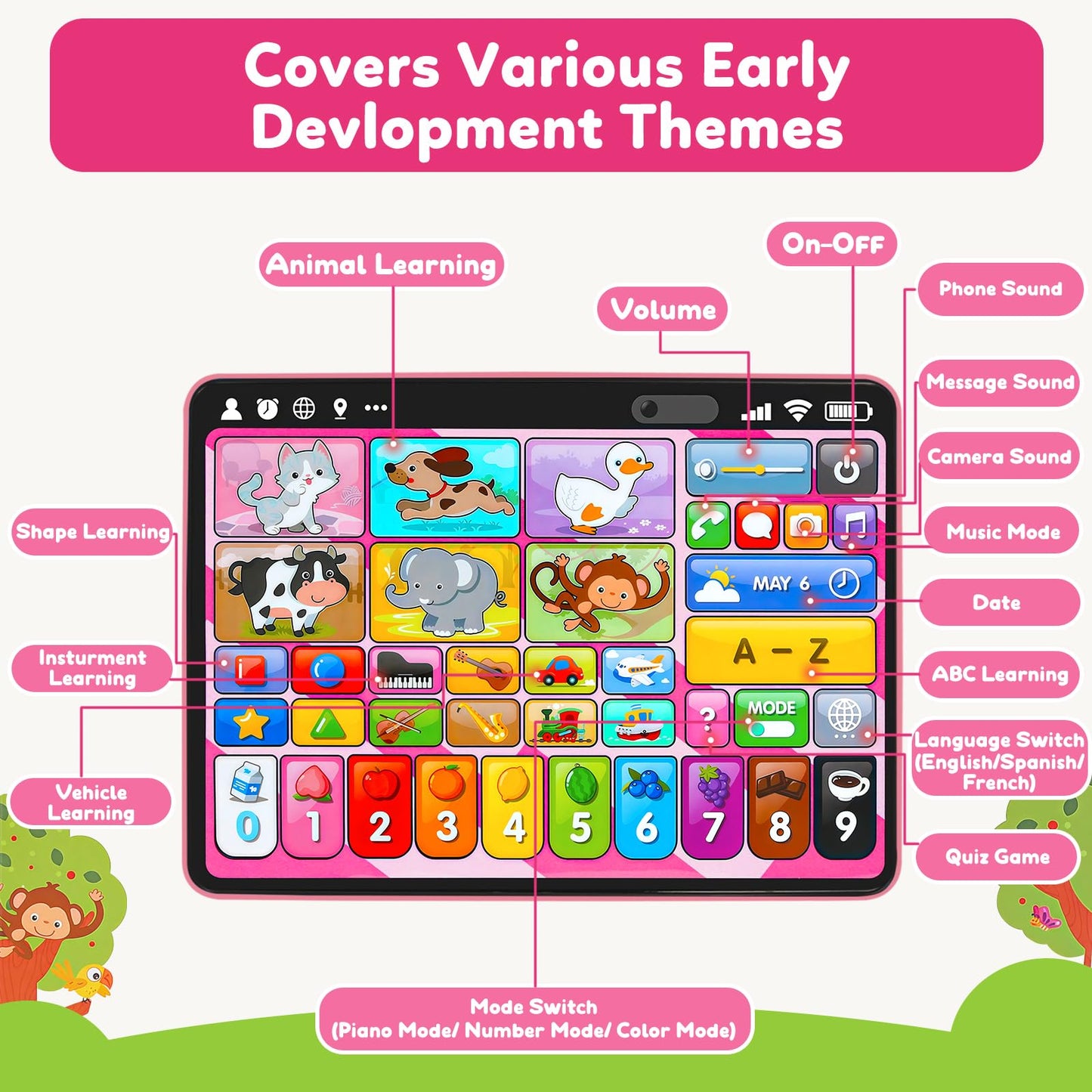 Trilingual Learning Toy Tablet with Music & Sound, Montessori Speech Therapy Toys for 1 Year Old