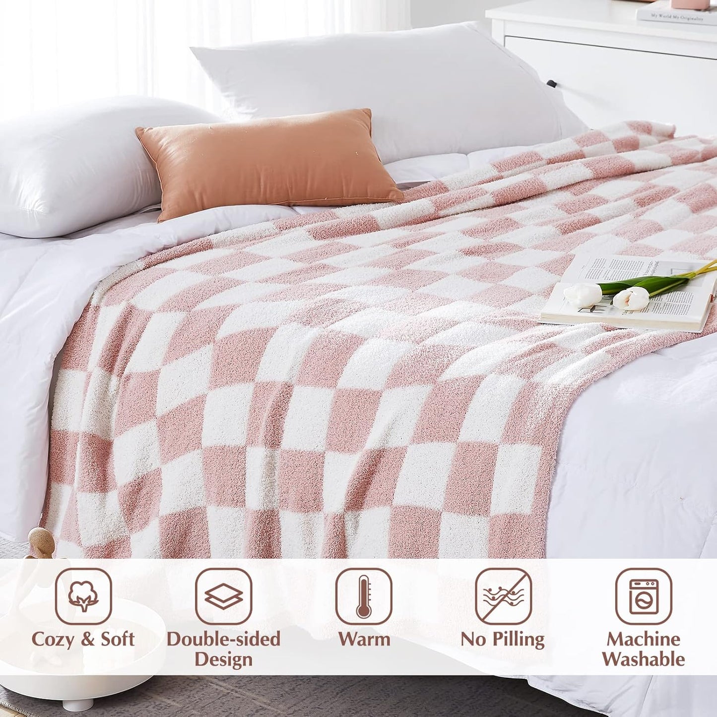 WRENSONGE Checkered Throw Blanket, Pink Soft Cozy Fluffy Warm Hand Made Throw Blankets for Couch
