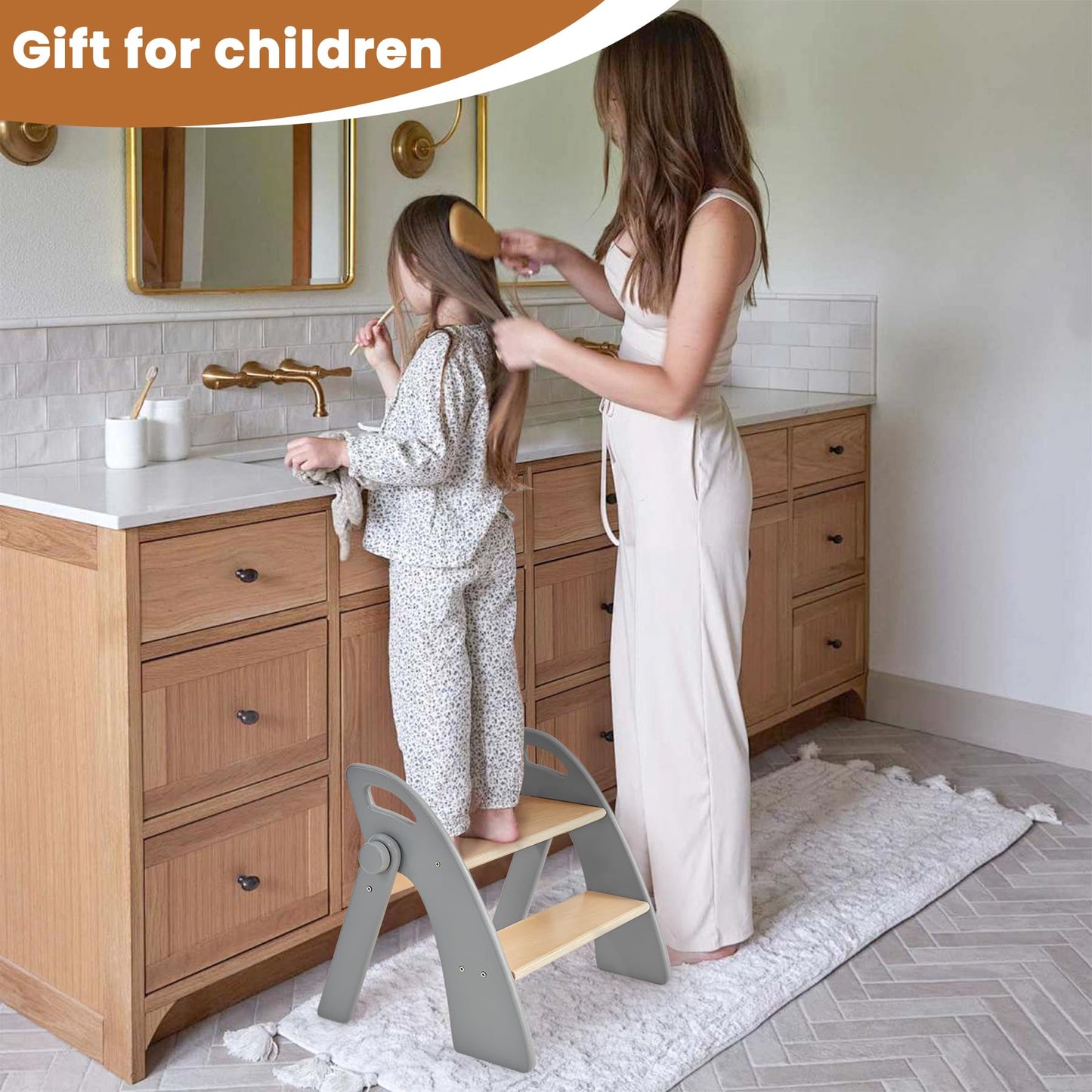 Reeple Wooden 2 Step Stool for Toddlers, Foldable 2-Step with Non-Slip Pads and Handles, Bamboo