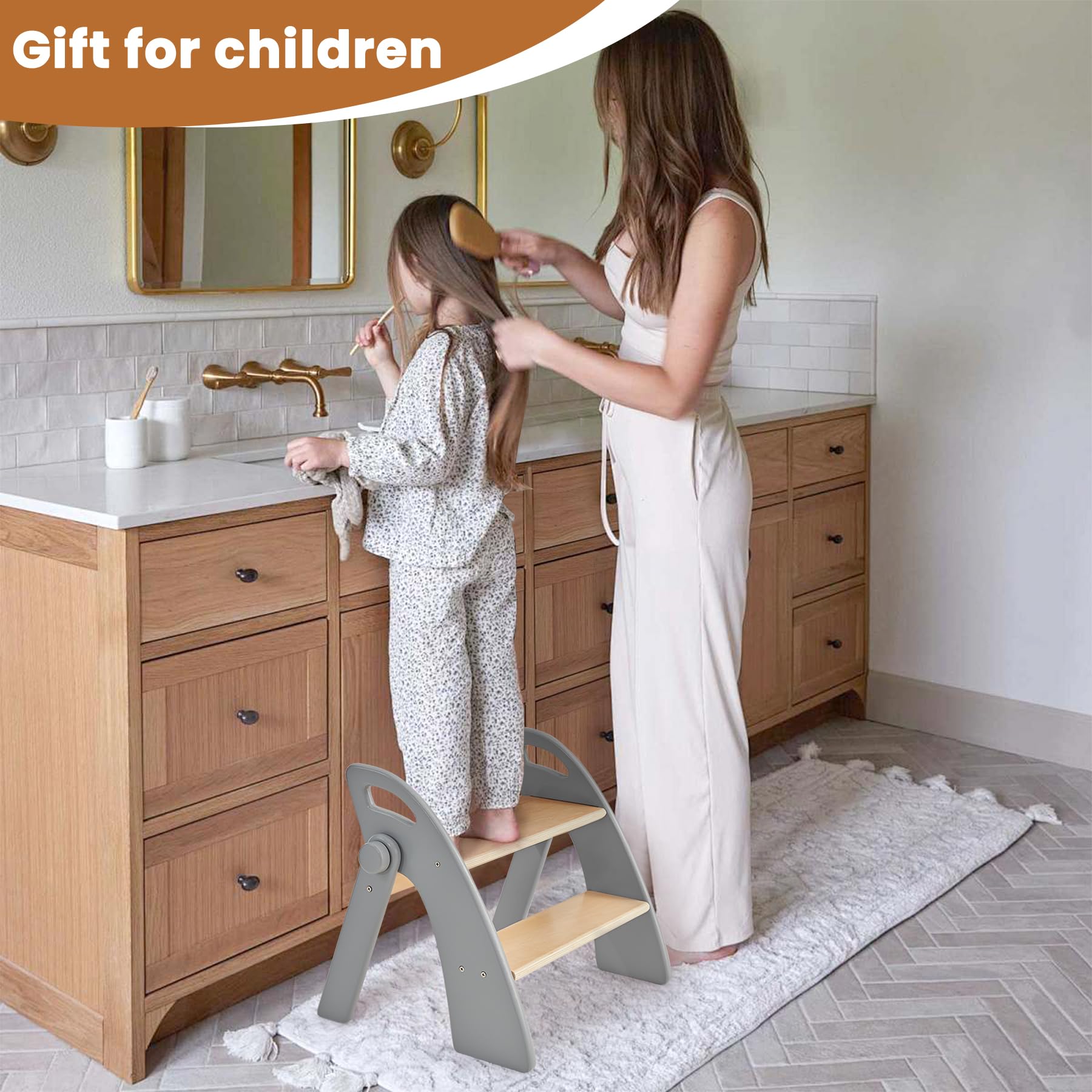 Reeple Wooden 2 Step Stool for Toddlers, Foldable 2-Step with Non-Slip Pads and Handles, Bamboo