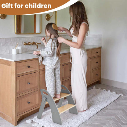 Reeple Wooden 2 Step Stool for Toddlers, Foldable 2-Step with Non-Slip Pads and Handles, Bamboo