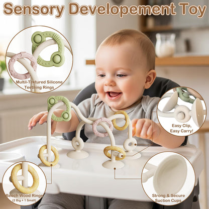 High Chair Suction Cup Toy & Teething Toy Set, Sensory Toy [Beige]