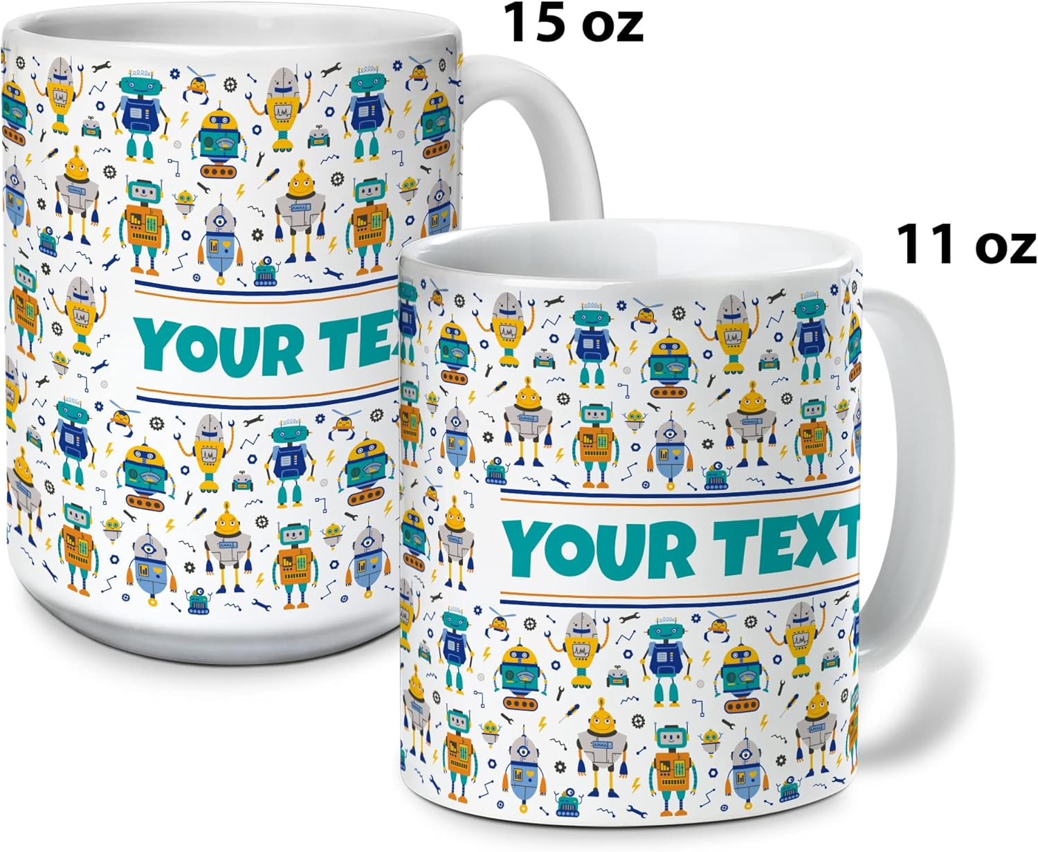 Personalized Mug for Kids - Robots - Custom Name/Text, Ceramic Hot Chocolate/Cocoa/Coffee Cup for