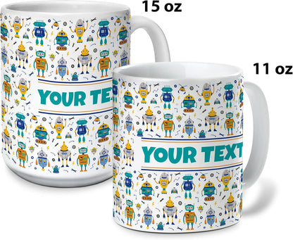 Personalized Mug for Kids - Robots - Custom Name/Text, Ceramic Hot Chocolate/Cocoa/Coffee Cup for