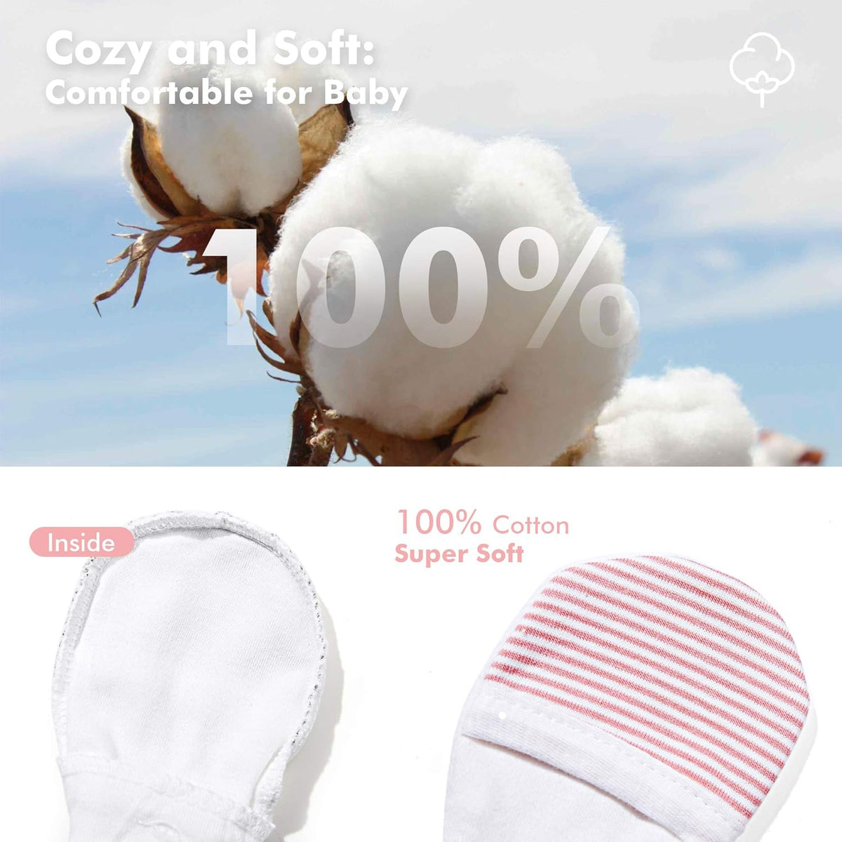 HAPIU Baby No Scratch Mittens Stay On, 100% Cotton Breathable, Adjustable Infant Gloves for Boys