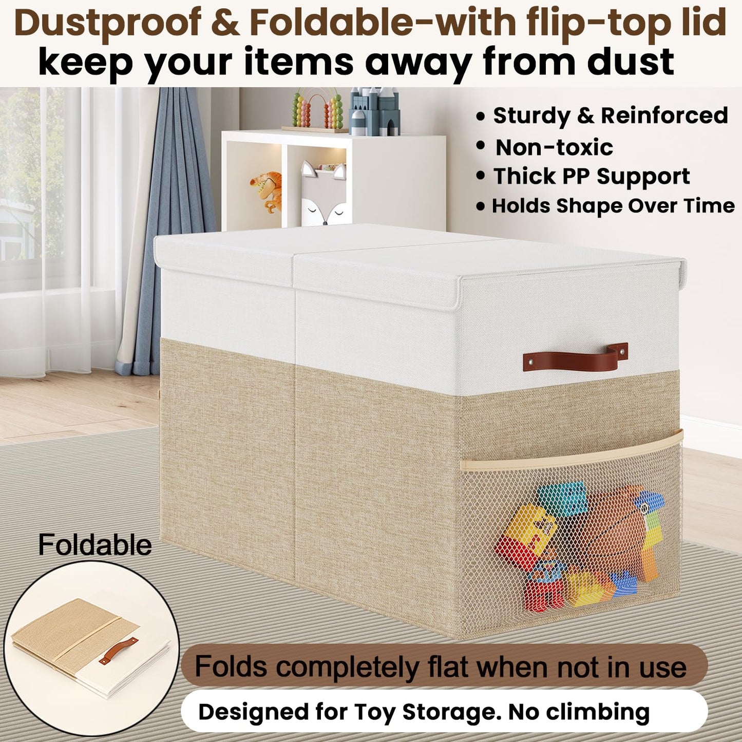 Large Toy Storage Box with Lid, Toy Chest with Divider, Foldable Organizer