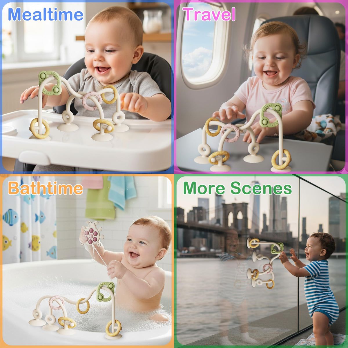 High Chair Suction Cup Toy & Teething Toy Set, Sensory Toy [Beige]