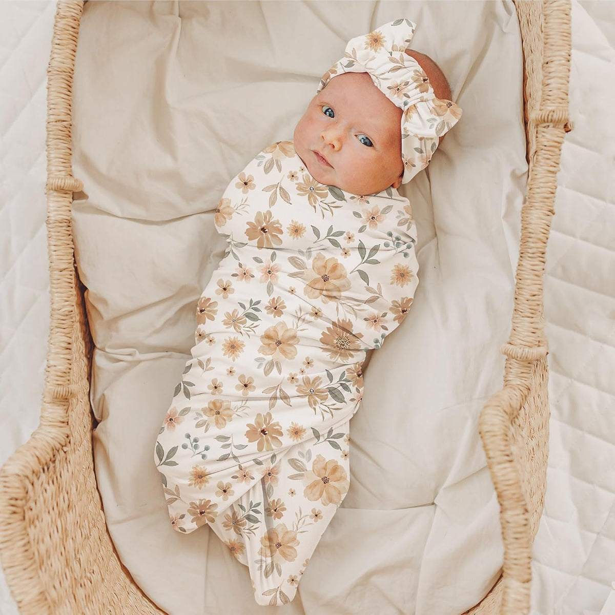Konssy Baby Girl Newborn Receiving Blanket with Matching Headband and Beanie Set Baby Swaddle