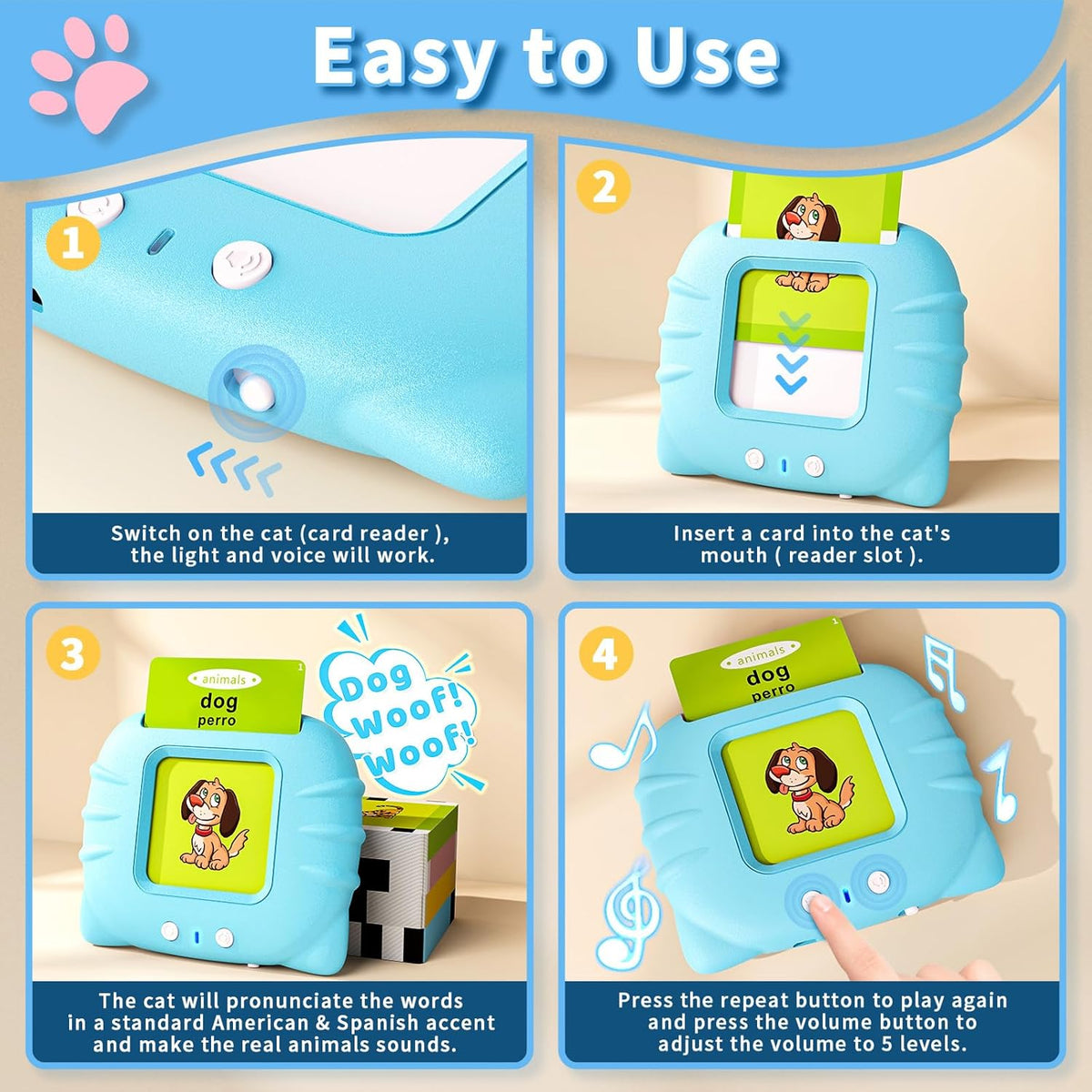 Toddler Toys Bilingual English and Spanish Talking Flash Cards for 1 2 3 4 5 6 Year Old Boys and
