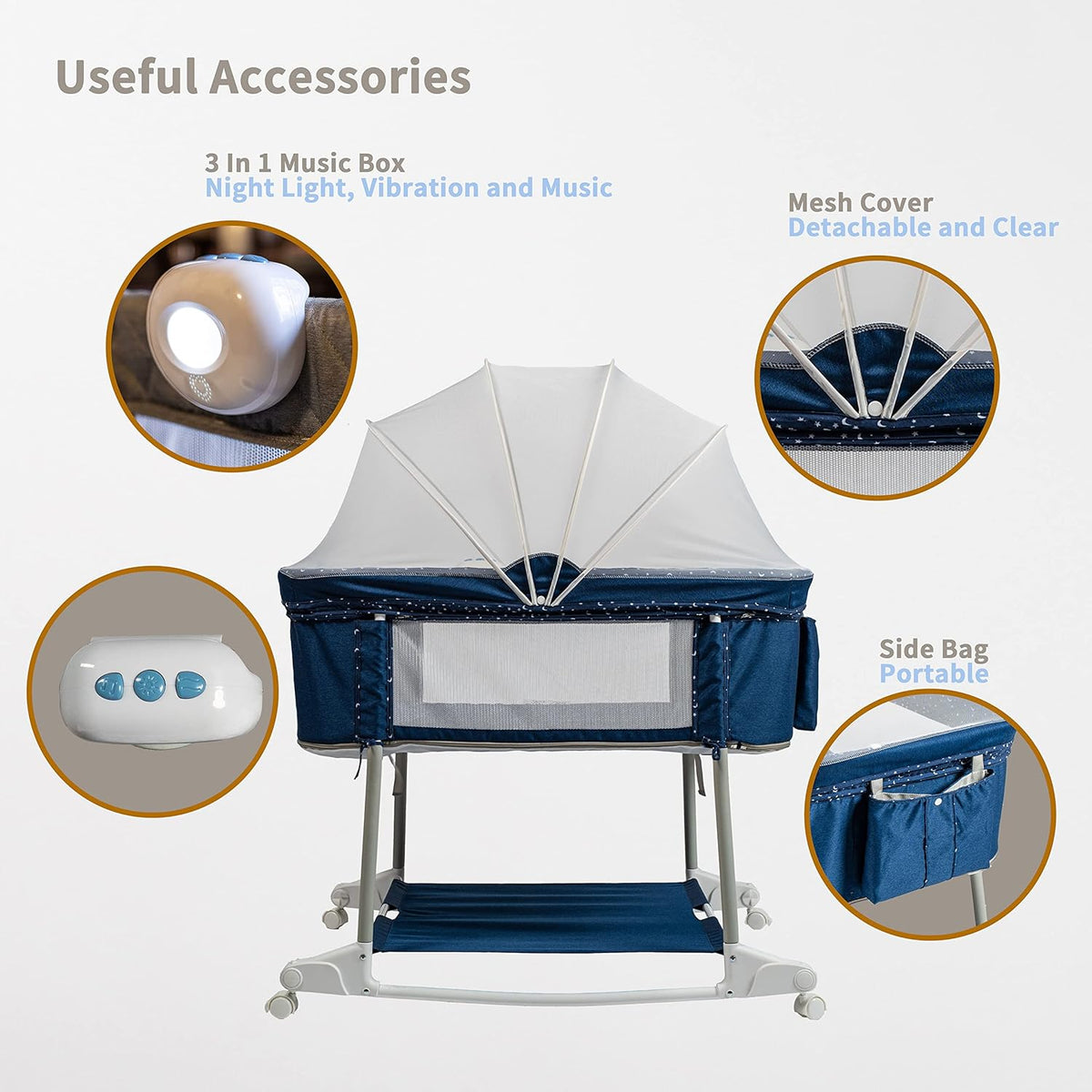 Newborn Portable Bassinet on Wheels for Baby 3 in 1 Bedside Sleeper Rocking Crib Playard with