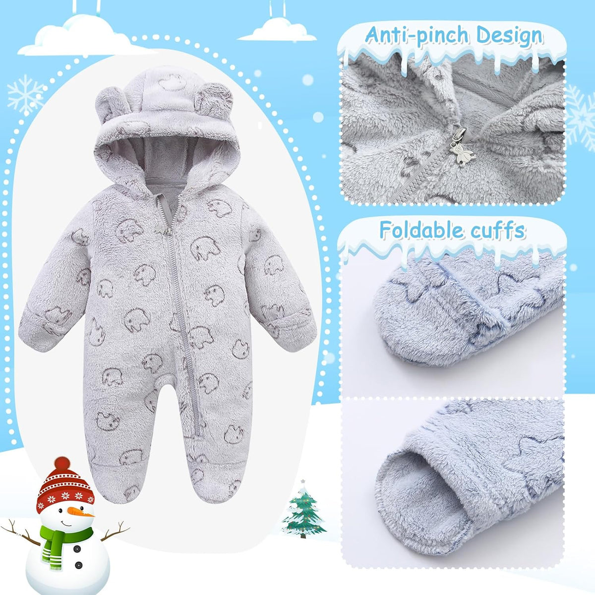 Fairy Baby Newborn Baby Bear Onesie Thin Fleece Footie Romper Snowsuit Hooded Jumpsuit Bodysuit