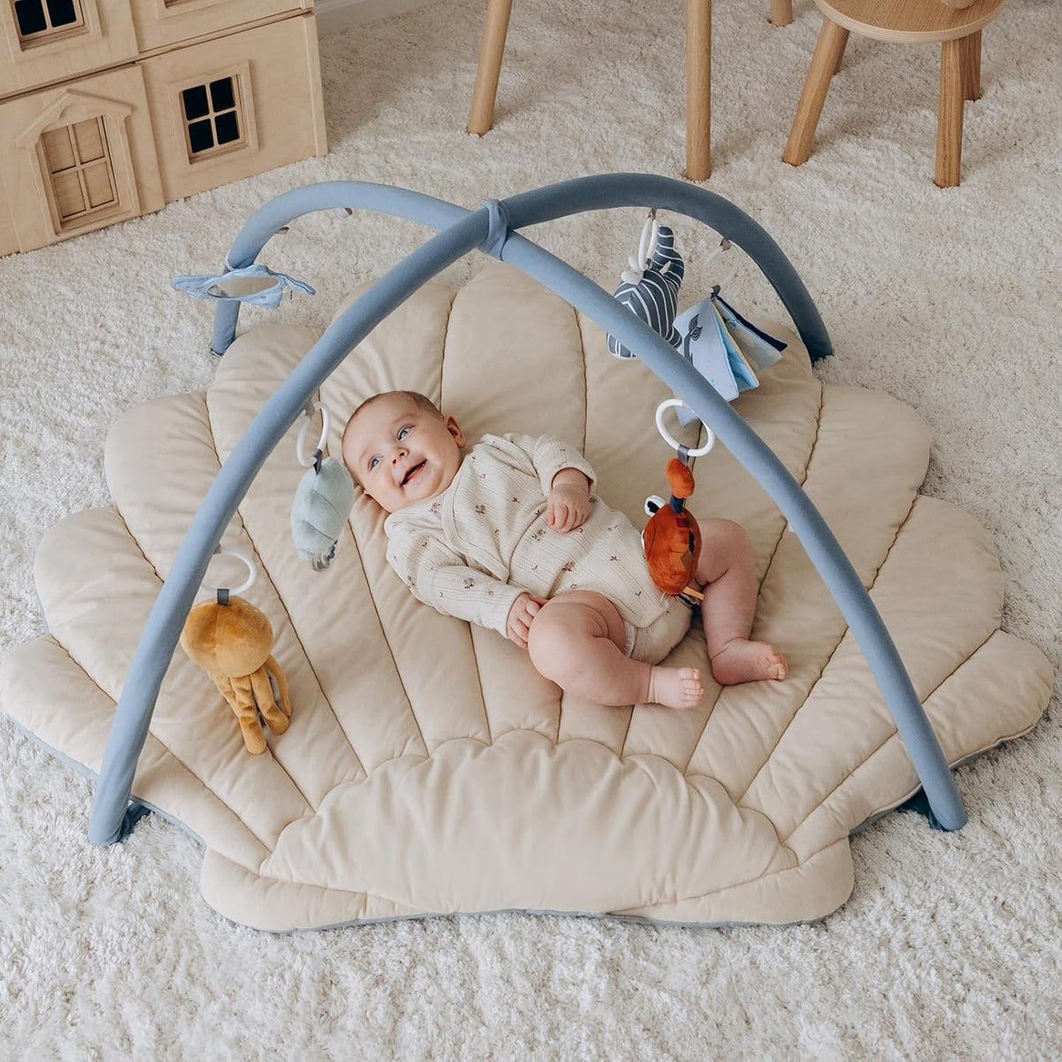 Blissful Diary Shell Baby Play Gym Mat, Softer & Enlarged Tummy Time Mat w 6 Detachable Toys for