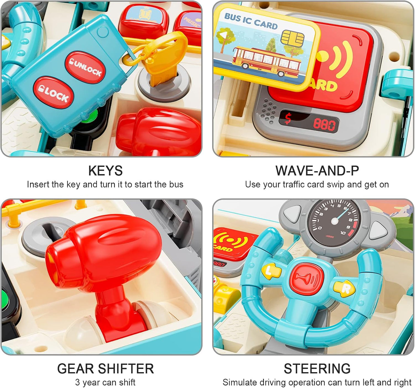 HONGTUO Bus Toy with Sound and Light, Simulation Steering Wheel Gear Toy, Toddlers Bus Toys with