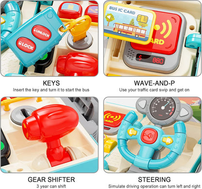 HONGTUO Bus Toy with Sound and Light, Simulation Steering Wheel Gear Toy, Toddlers Bus Toys with