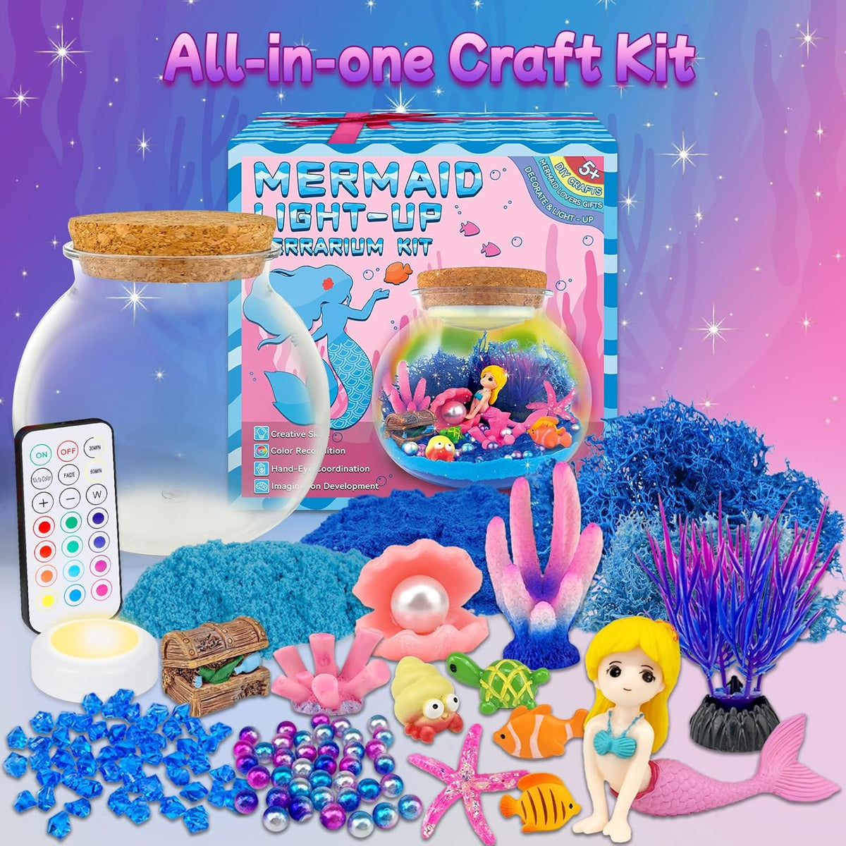 Mermaid Terrarium Craft Kit for Kids - LED Night Light Up & Remote Mermaid Birthday Gifts Toys for