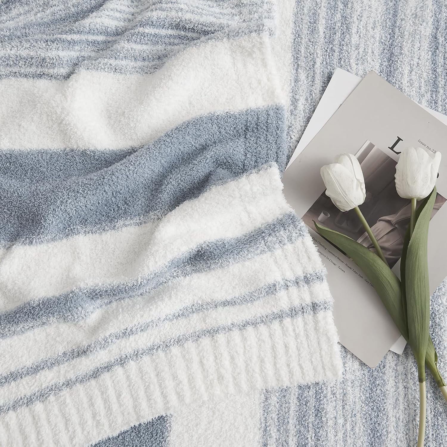 WRENGONGE Grey Blue Throw Blanket, 60x80 Soft Cozy Striped Throw Blankets for Couch, Sofa, Bed
