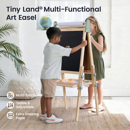 Tiny Land Wooden Easel for Kids, Art Easel with Chalkboard & Whiteboard