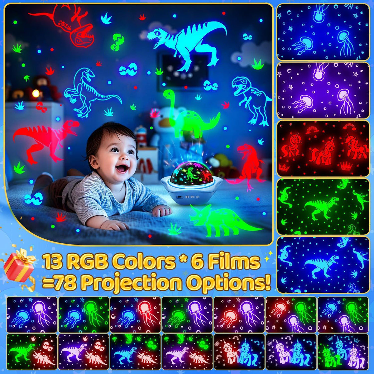 Jellyfish Baby Night Light Projector, Dinosaur+Jellyfish+Unicorn Night Light Projector, 96