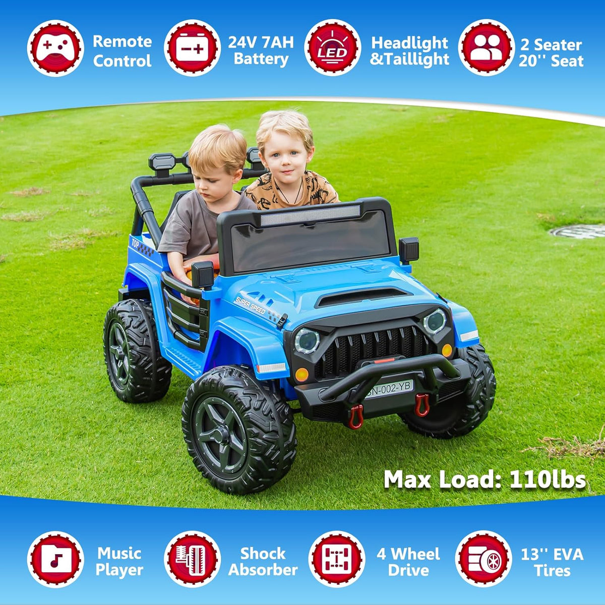 24V 2 Seater Ride On Truck with Remote Control 4WD Electric Car for Kids Ride On Car Battery