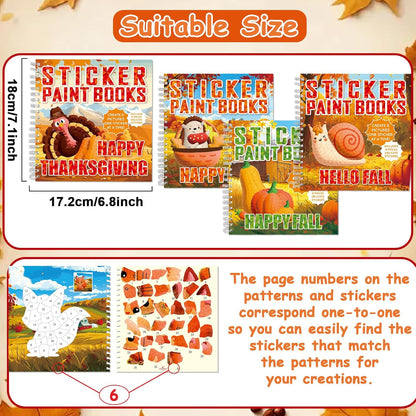 4PCS Thanksgiving Paint by Sticker Books Crafts for Kids Ages 4-8 Fall Sticker by Number Books