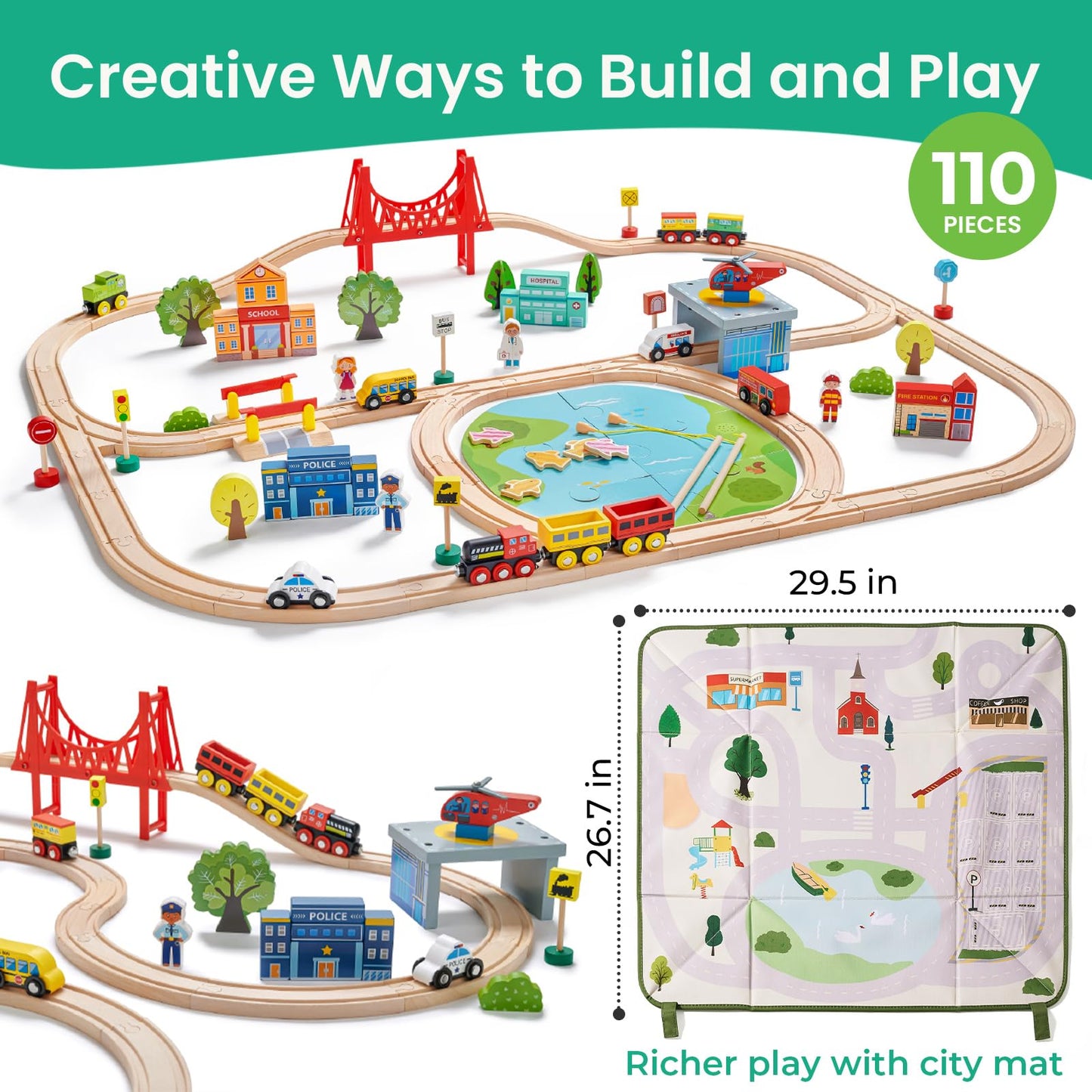 Tiny Land 110pcs Wooden Train Set with Folding Storage Box