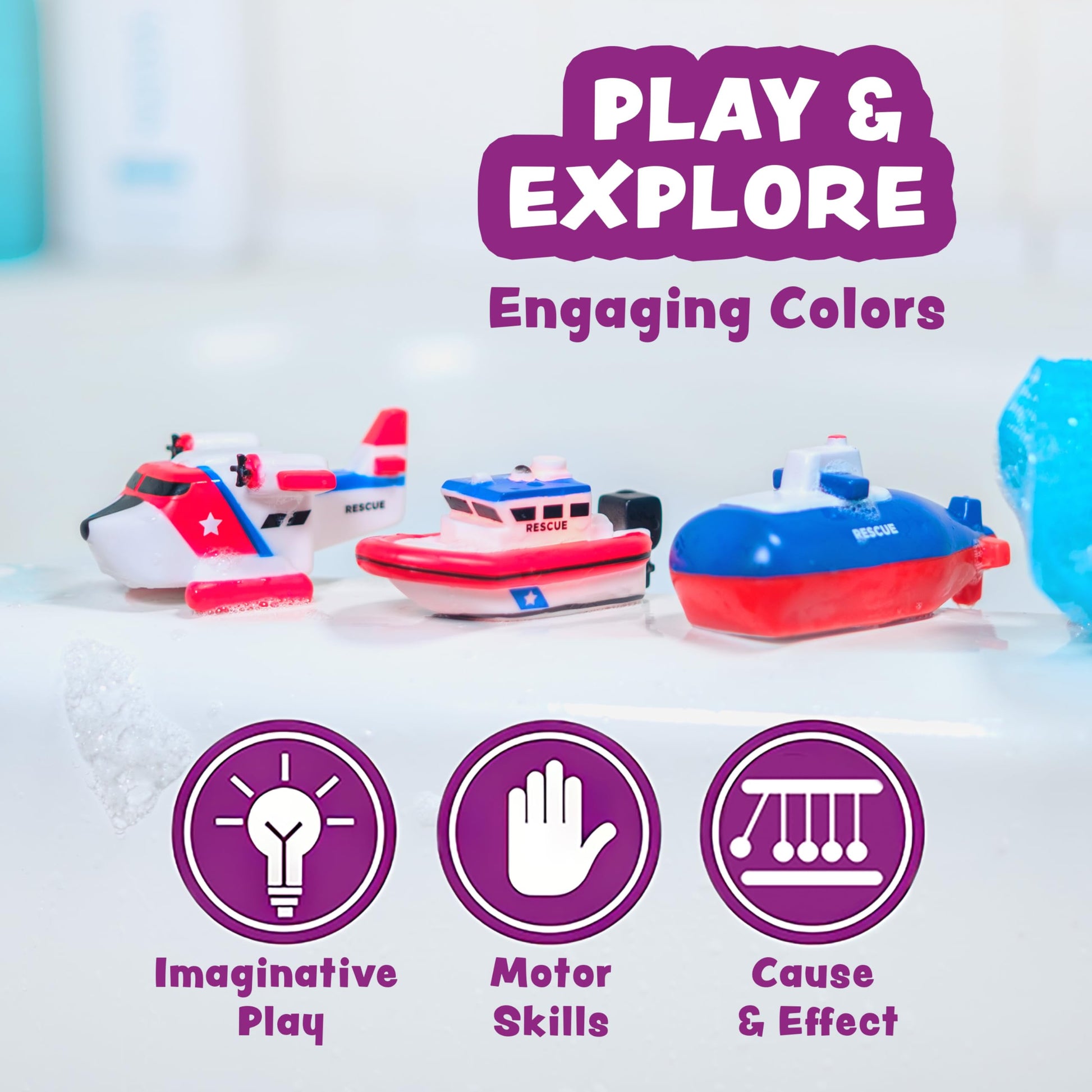 Tub Works® Ocean Rescue™ Vehicles Light Up Bath Toys, 6 Pack | Water-Activated Light Up Toys Flash