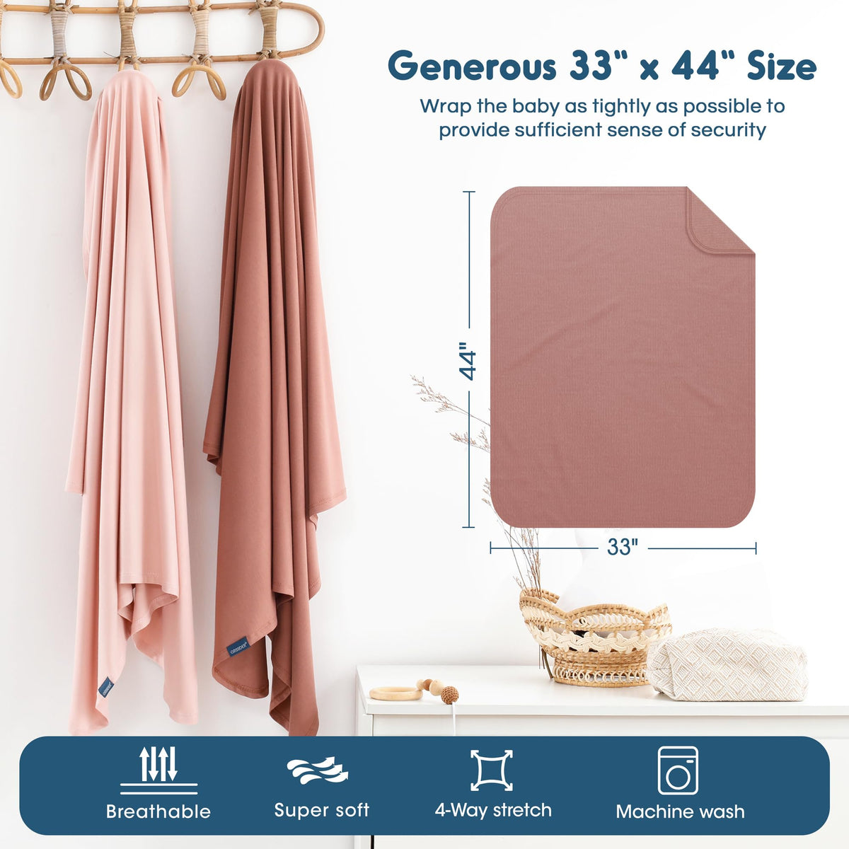 GRSSDER 2 Pack Newborn Swaddle Blanket, Ultra Soft Stretchy Jersey Knit Extra Large Size 33 x 44