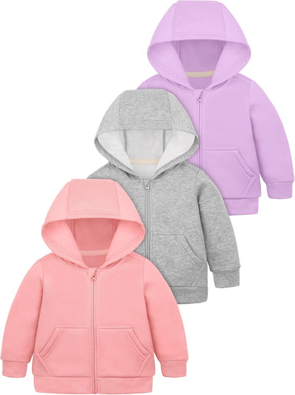 Cooraby 3 Pieces Baby and Toddler Girls Fleece Full-Zip Hoodies Lightweight Jacket with Pockets