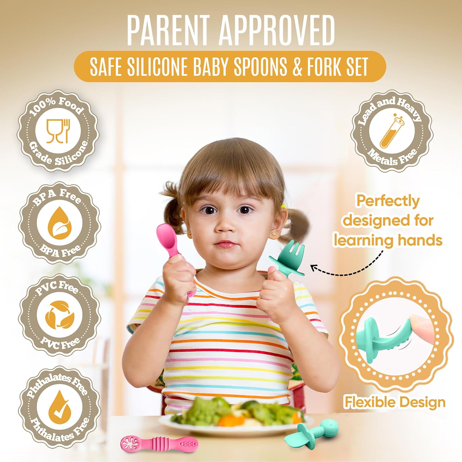 4pc Silicone Baby Spoons Self Feeding Baby Utensils 6-12 Months - 3 Baby Spoon - 1 Baby Fork