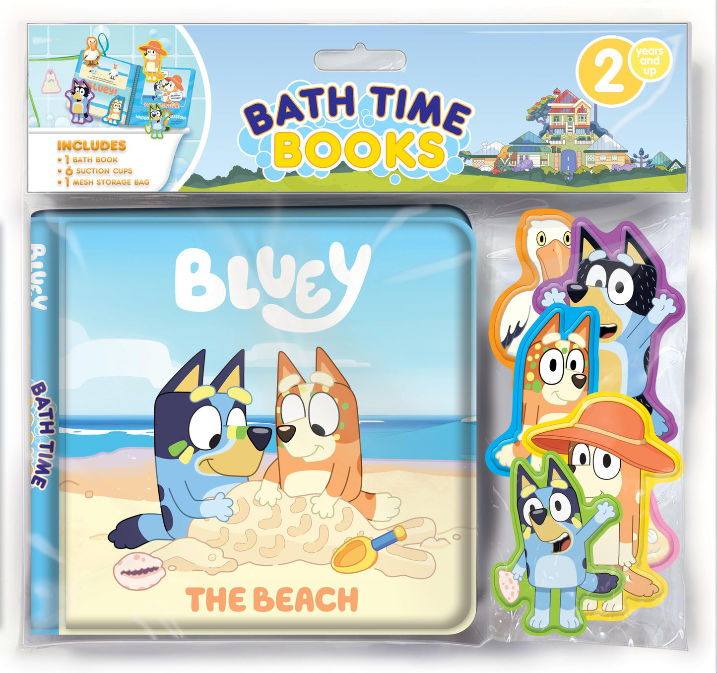 Bluey The Beach Bath Time Books - Activity Books for kids, Bath book, 6 Padded suction cups, 1 Mesh