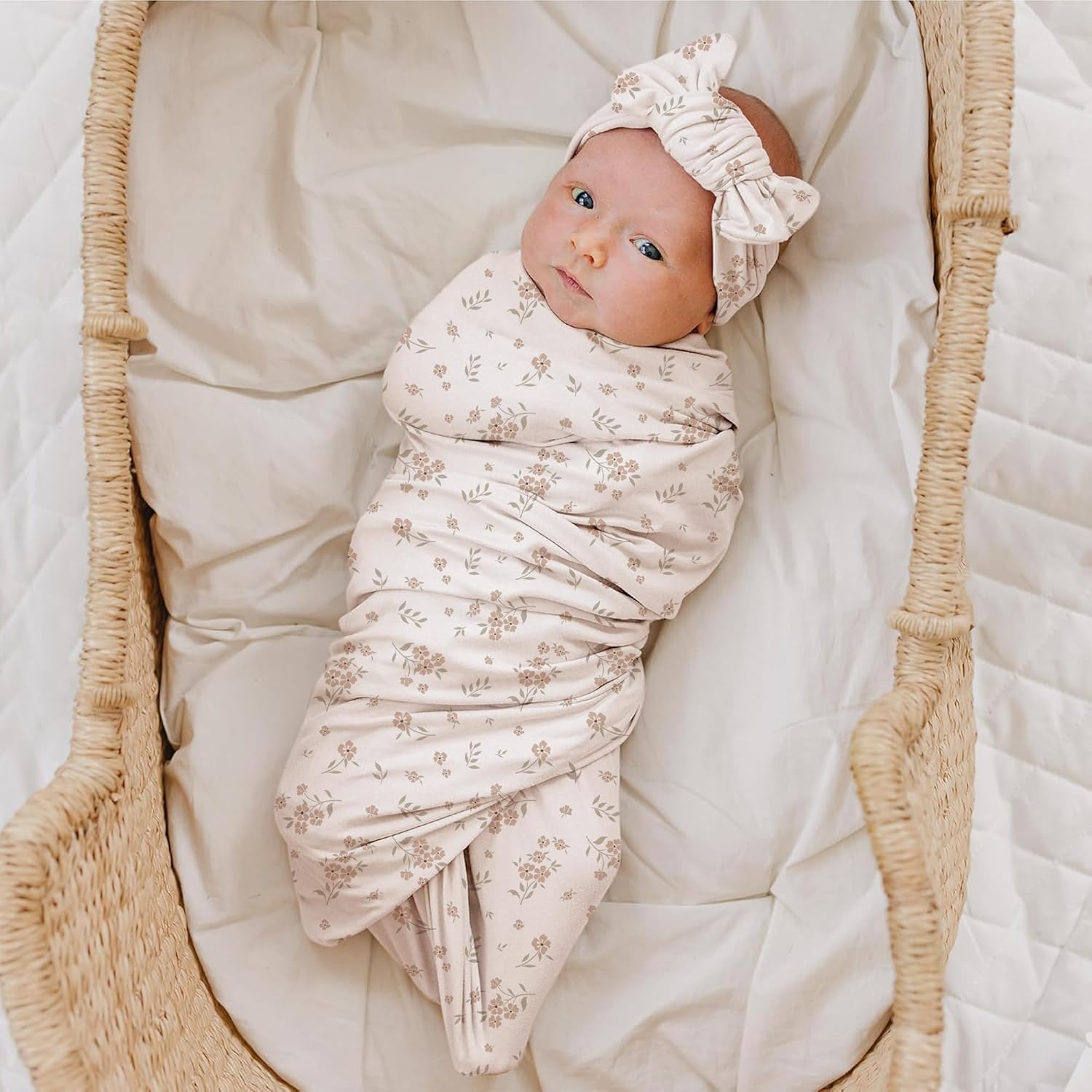 Konssy Baby Girl Newborn Receiving Blanket with Matching Headband and Beanie Set Baby Swaddle