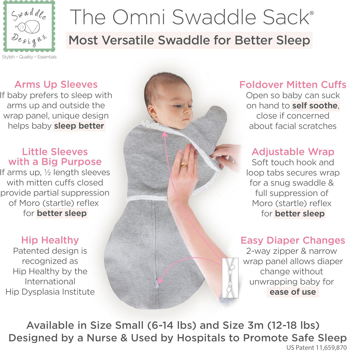 SwaddleDesigns 6-Way Omni Swaddle Sack Arms Up Swaddle for Newborn, More Options to Calm Startle