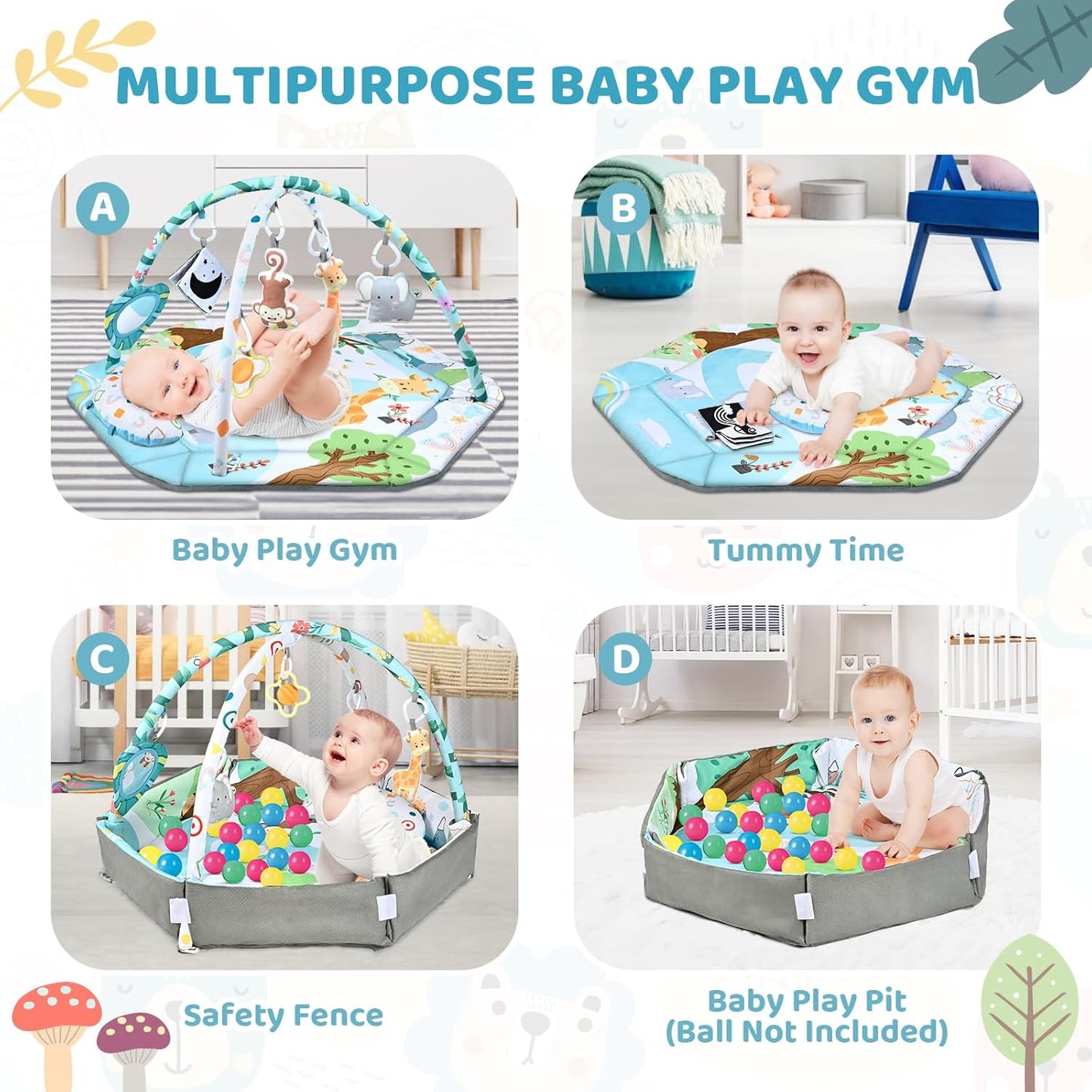Baby Gym Play Mat, 8-in-1 Tummy Time Mat & Ball Pit with 6 Toys, Washable Baby Activity Play Mat