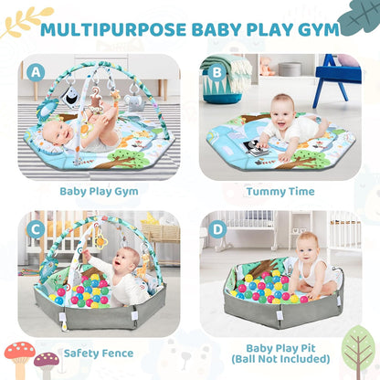 Baby Gym Play Mat, 8-in-1 Tummy Time Mat & Ball Pit with 6 Toys, Washable Baby Activity Play Mat