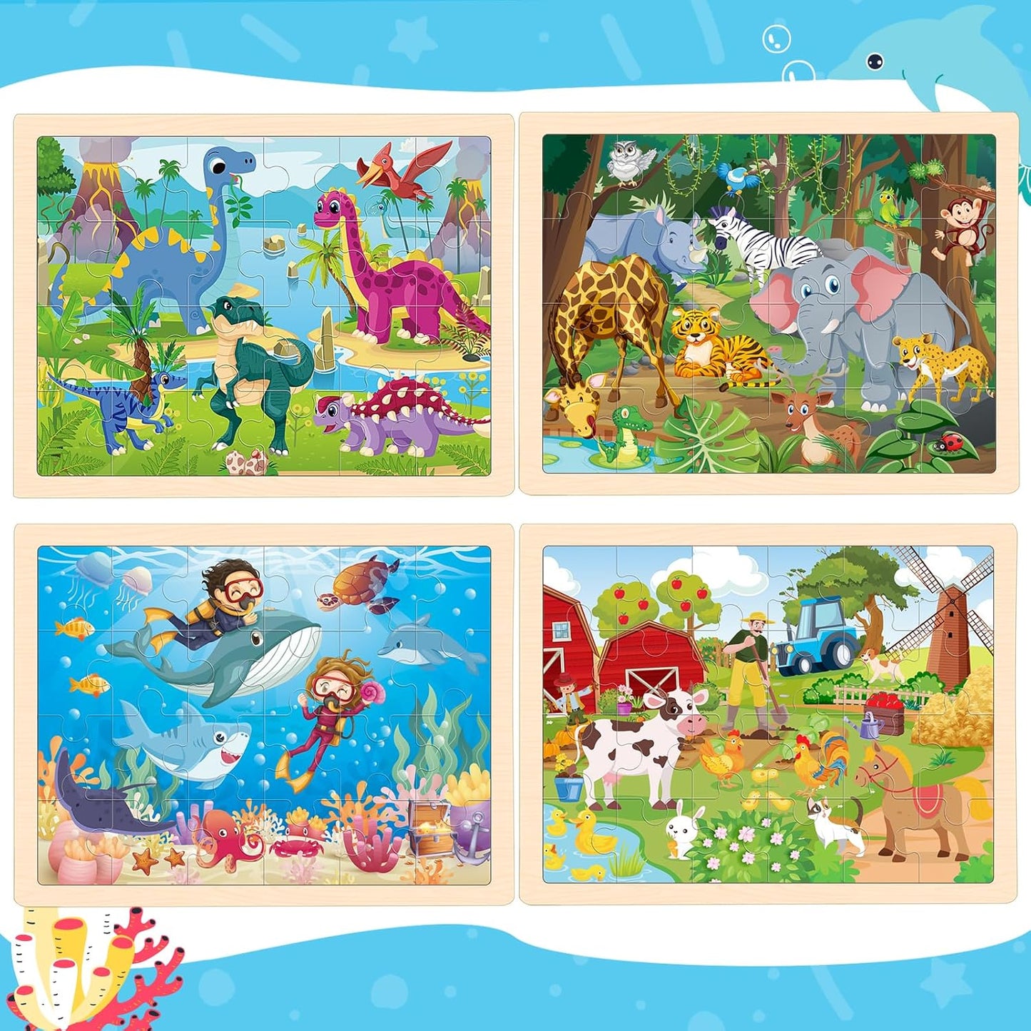 4 Packs Puzzles for Kids Ages 4-6, Wooden Animals Jigsaw Puzzles for Toddlers Ages 2-4, Preschool