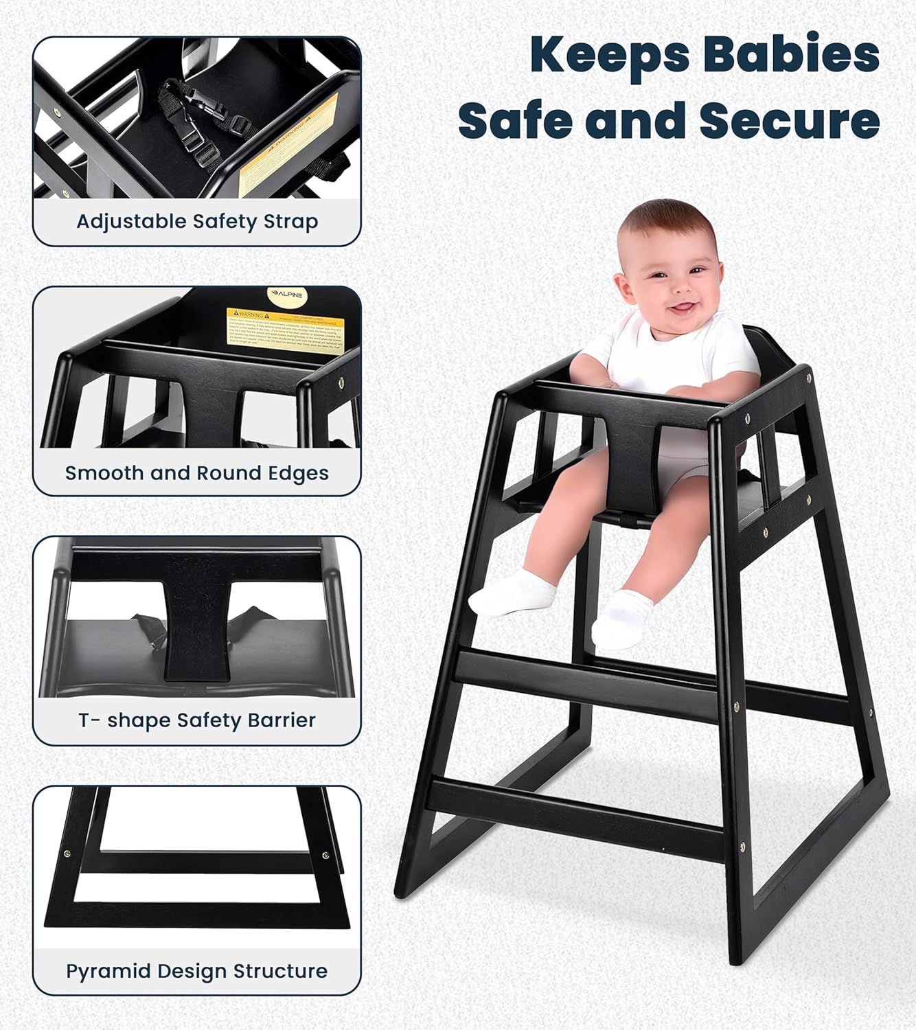 Alpine Wooden High Chairs for Babies and Toddlers with Safety Strap, Commercial Grade Restaurant