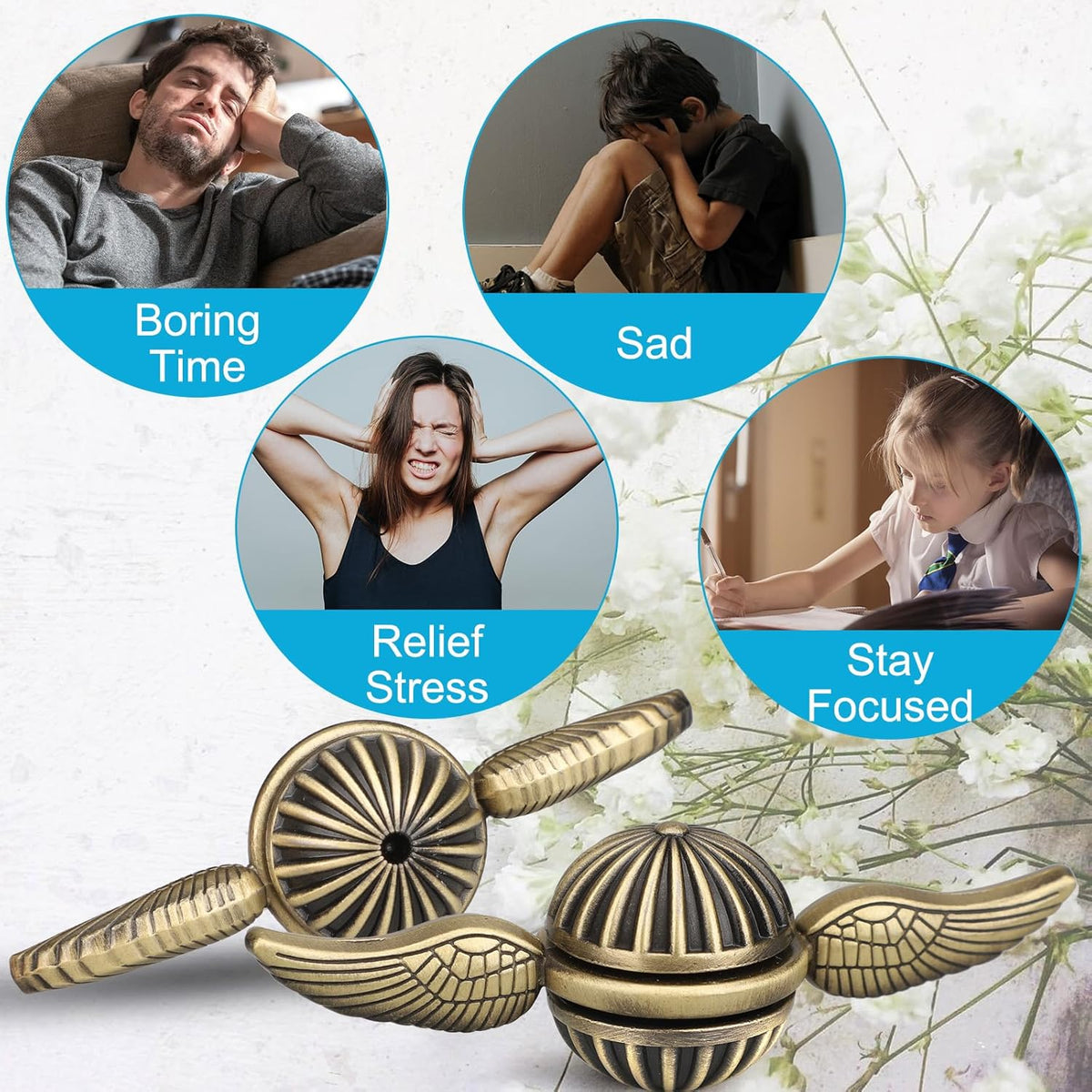 Brass Fidget Spinner Orb Anxiety Toy, Stress Relief Spin Fidgets Hand Bearing Tri Spinner for Kids
