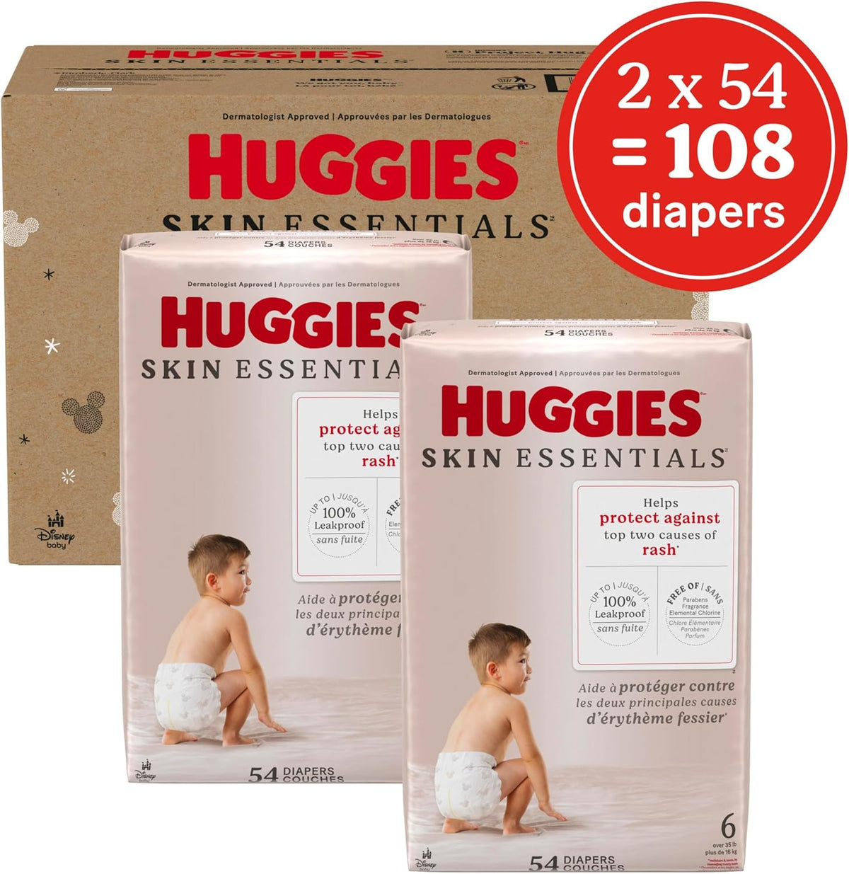 Huggies Size 6 Diapers, Skin Essentials Baby Diapers, Size 6 (35+ lbs), 108 Count (2 Packs of 54)