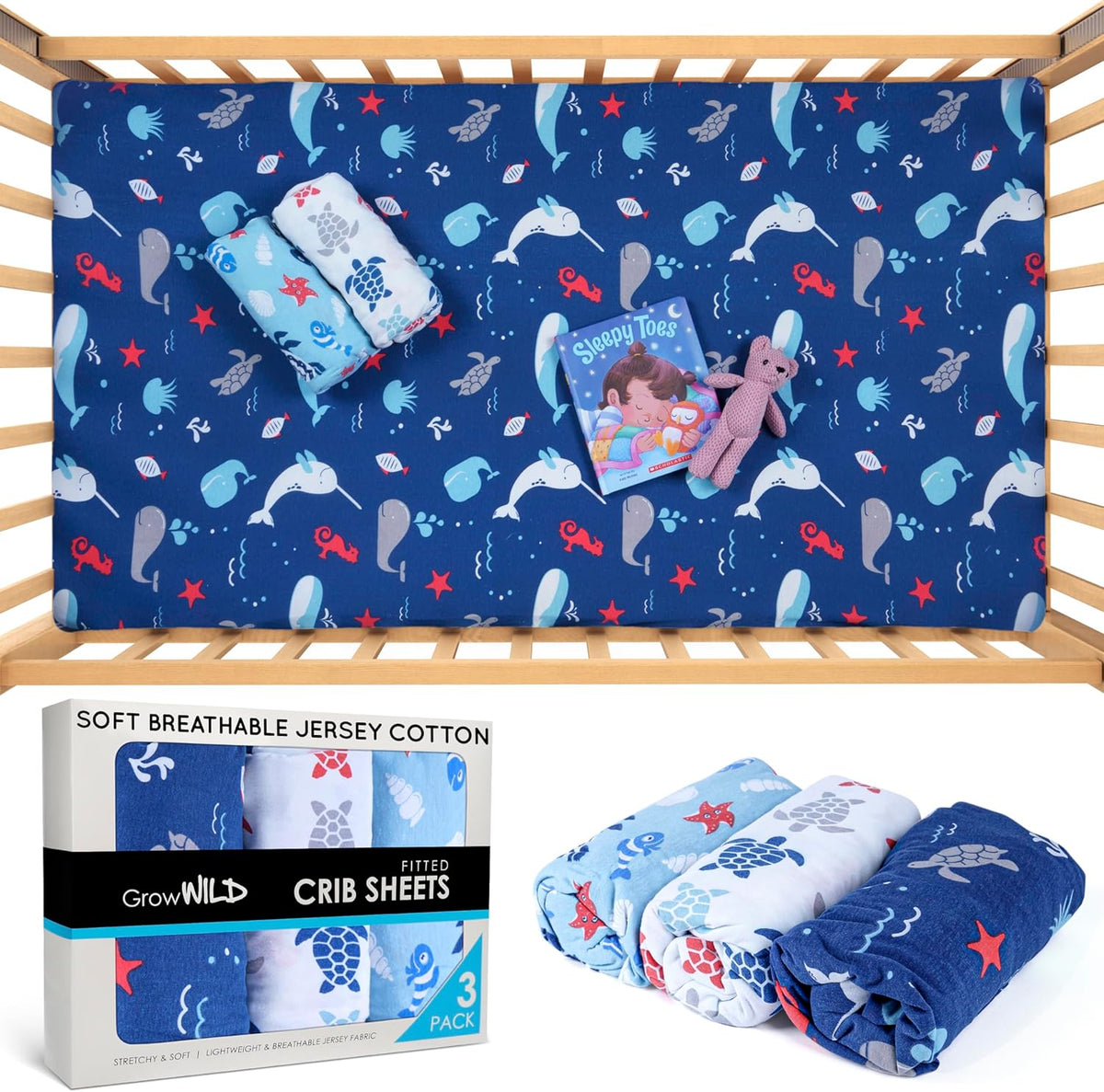 GROW WILD Blue Ocean Baby Crib Sheets for Boys (3 Pack) - Jersey Knit Fitted Sheet (52" x 28")