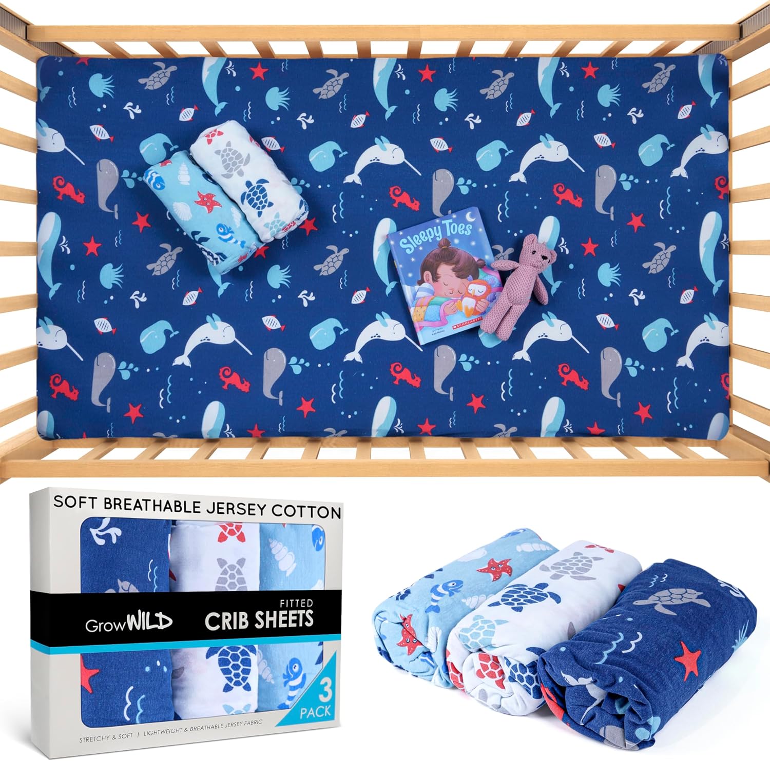 GROW WILD Blue Ocean Baby Crib Sheets for Boys (3 Pack) - Jersey Knit Fitted Sheet (52" x 28")