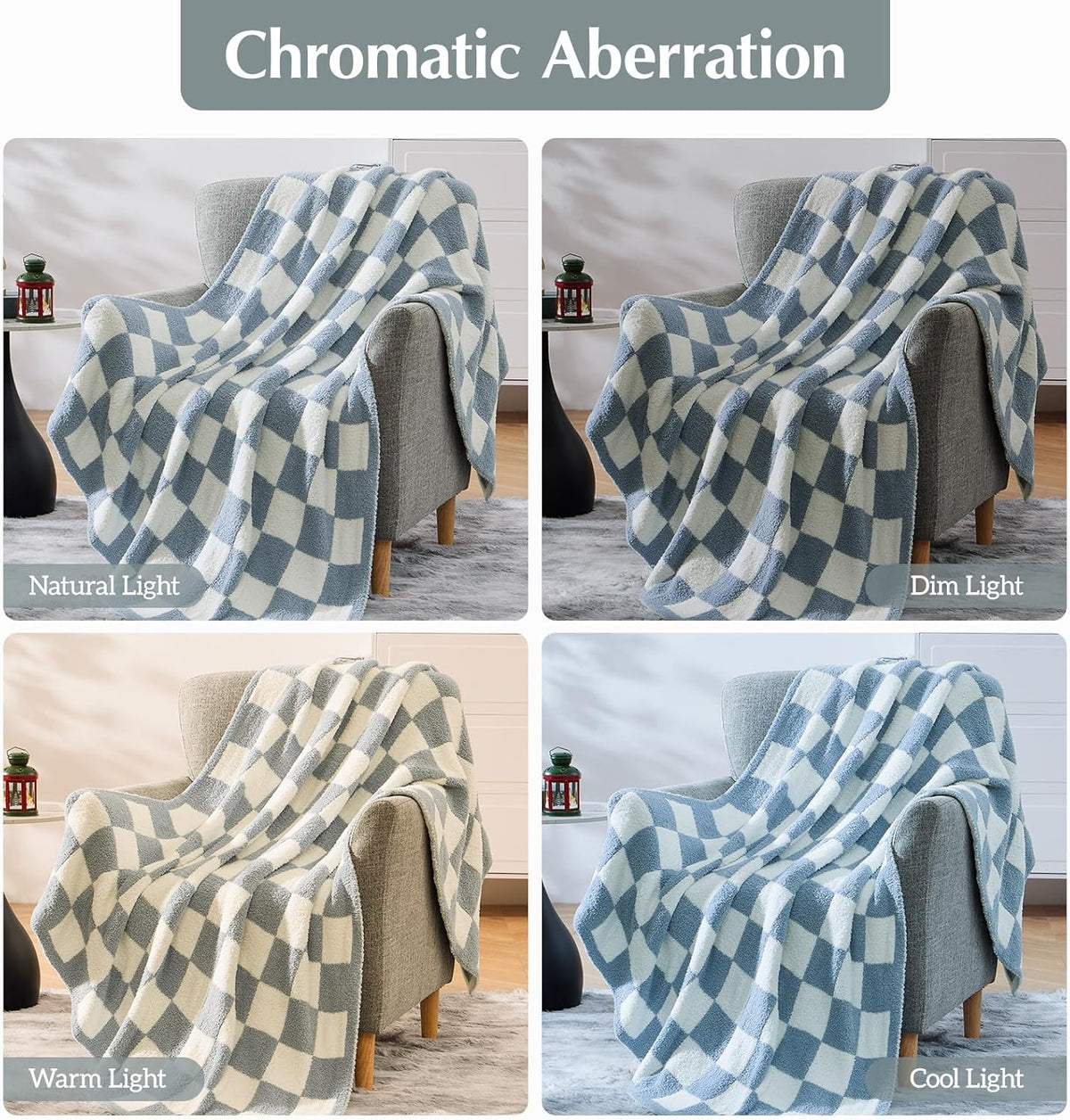 WRENSONGE Checkered Throw Blanket, Grey Blue Soft Cozy Fluffy Warm Hand Made Throw Blankets for