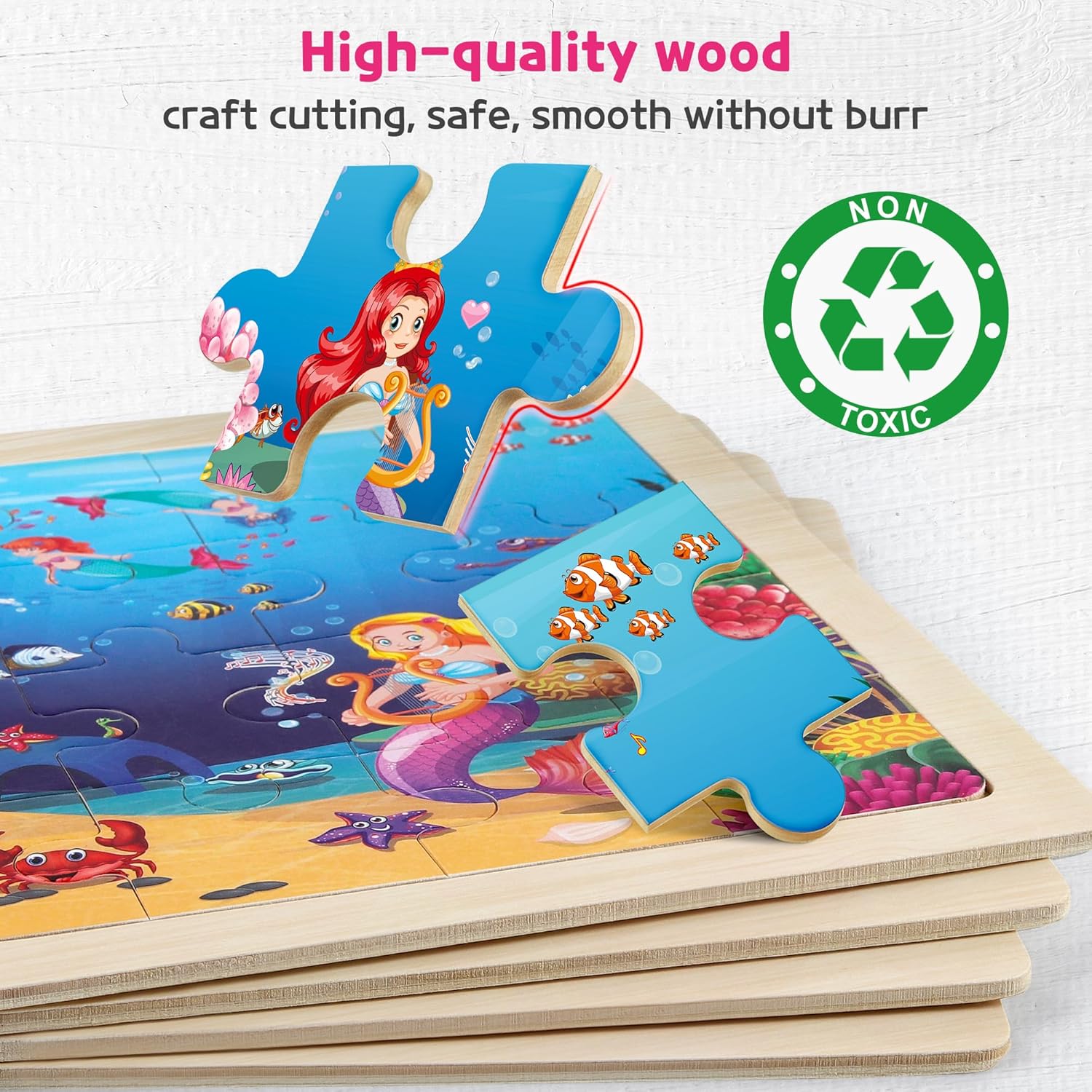 SYNARRY Large Unicorn Mermaid Princess Fairy Wooden Kids Puzzles 4 in 1 Gift Box(12.2 * 9.4 in)