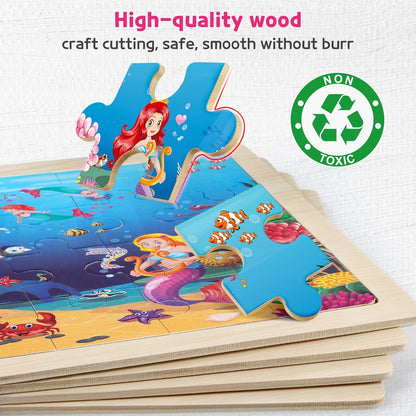 SYNARRY Large Unicorn Mermaid Princess Fairy Wooden Kids Puzzles 4 in 1 Gift Box(12.2 * 9.4 in)